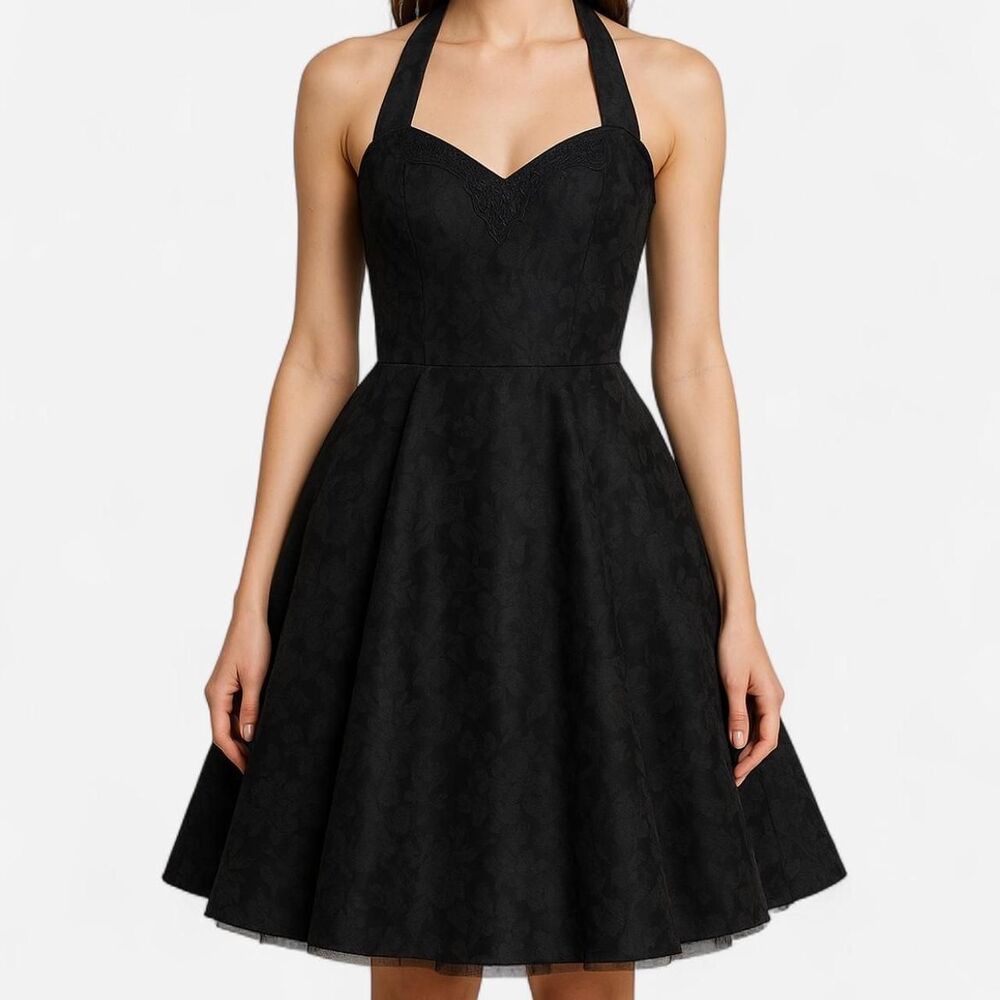 Vintage 90s 1990s deadstock new Black halter V-neck A-line Mini Dress